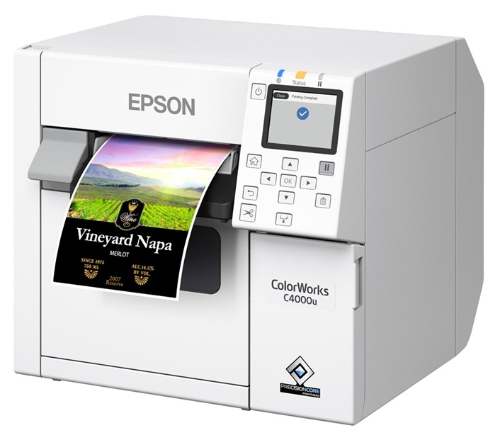 Epson CW-C4000 / Impresora e etiquetas | 2606 – Epson ColorWorks CW-C4000 C31CK03101 es una Impresora diseñada para impresión comercial de etiquetas a color bajo demanda, Inyección de tinta, Resolución 1200 x 1200 dpi, Tecnología PrecisionCore TFP