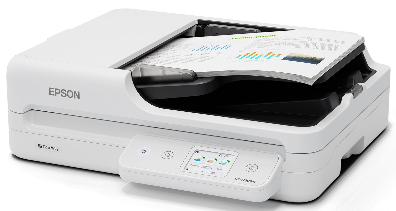 Escáner de 30 ppm / Epson DS-1760WN | 2606 – Epson DS-1760WN B11B274201 es un Escáner cama plana con alimentador automático, diseñado para digitalización híbrida de alto rendimiento en oficinas corporativas, Resolución 1200 dpi, Sensor de imagen CIS