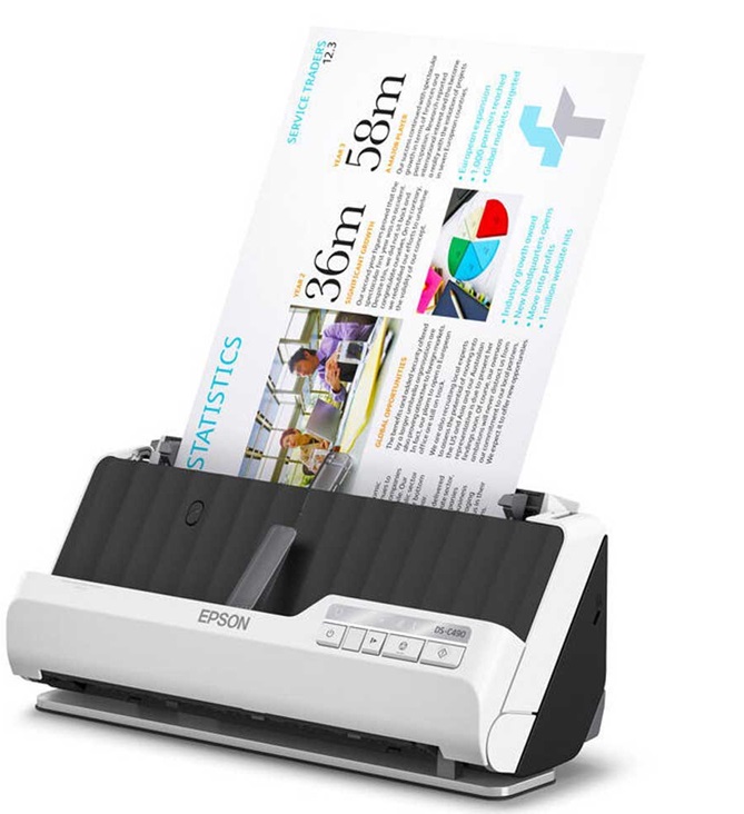 Epson DS-C490 / Escáner de 40 ppm | 2606 – Epson DS-C490 B11B271201es un Escáner diseñado para digitalización vertical ultracompacta y eficiente de documentos comerciales, Alimentación de hojas con diseño en U, Resolución 600 dpi, Sensor de imagen CIS
