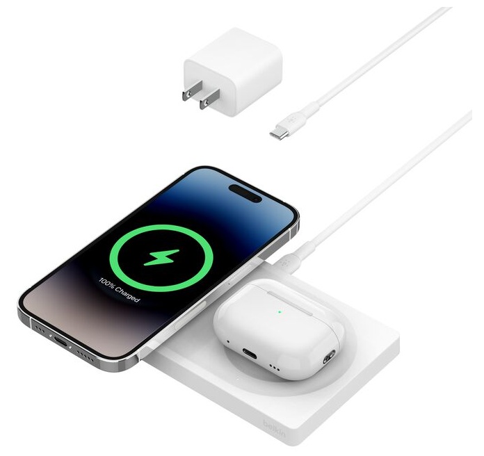 Cargador Inalámbrico de 15W / Belkin WIZ019ttSA | 2604 – Belkin WIZ019ttSA es una estación de carga inalámbrica diseñada para alimentar simultáneamente un iPhone y unos AirPods, entrega una potencia de 15W mediante tecnología MagSafe oficial