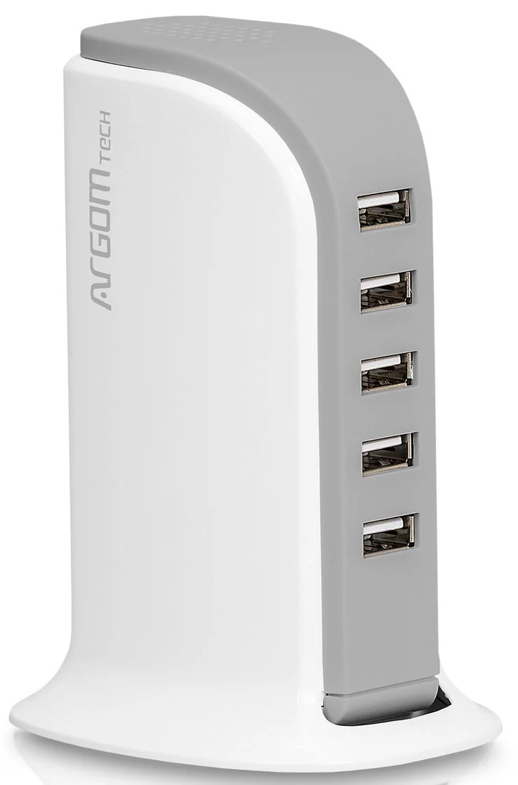 Estación de carga USB-A / Argom ARG-AC-0119WT | 2605 – Argom Tech ARG-AC-0119WT Estación de carga diseñada con 5 puertos USB 2.0 que entregan hasta 6A, voltaje de salida de 5 V, entrada universal de 110/220 V, protección integral contra sobrecarga