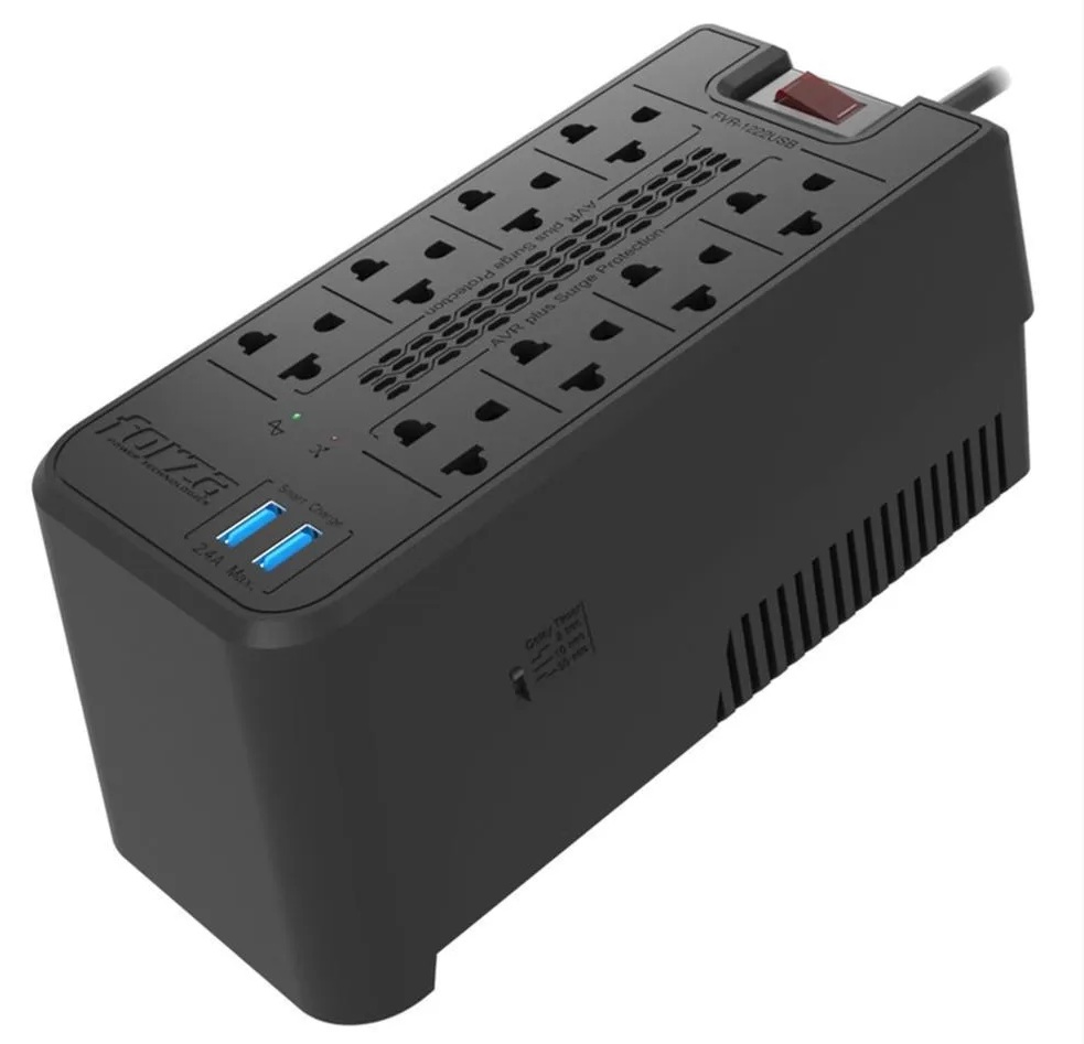 Regulador de Voltaje – 1.2 KVA / Forza FVR-1221USB | 2607 – Forza FVR-1221USB es un regulador automático de voltaje (AVR) diseñado para proteger computadores, periféricos, consolas de videojuegos y equipos electrónicos contra fluctuaciones de tensión