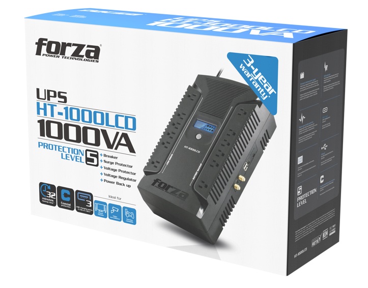 UPS 1000 VA Interactiva / Forza HT-1000LCD | 2607 – Forza HT-1000LCD UPS con topología línea interactiva, diseñada para proteger computadores, equipos de entretenimiento, consolas de videojuegos, estaciones de trabajo y dispositivos electrónicos