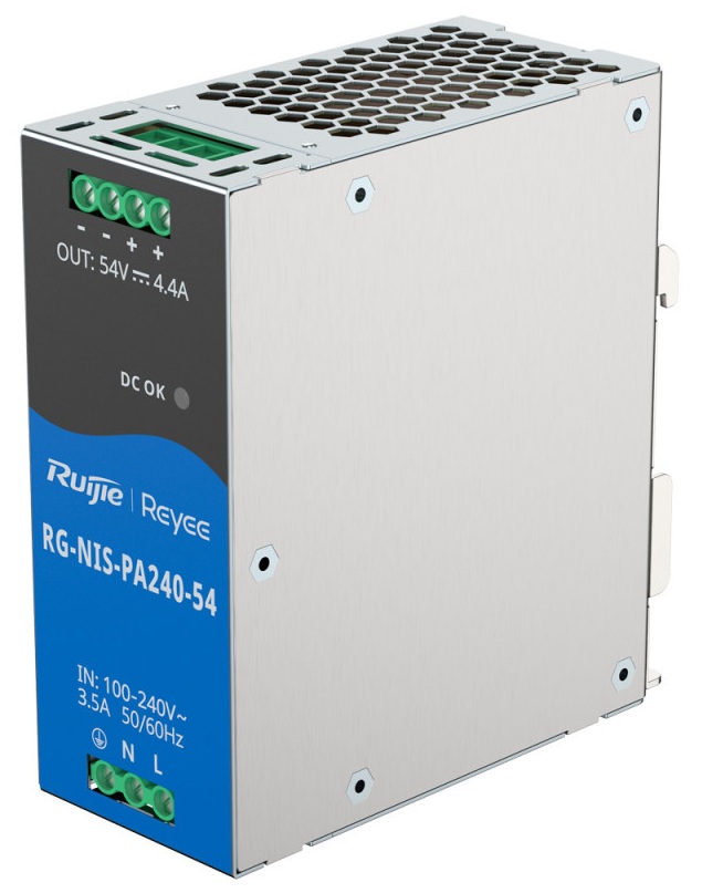 Fuente de Poder  240W / Ruijie RG-NIS-PA240-54 | 2508 - Ruijie RG-NIS-PA240-54 es una fuente de alimentación industrial de 240W diseñada para montaje en riel DIN. Está optimizada para alimentar switches industriales y otros dispositivos de red