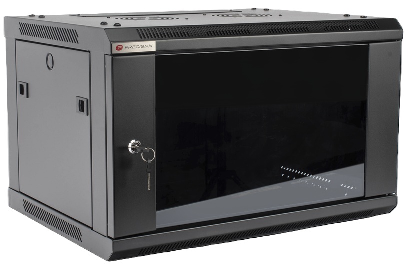 Gabinete de Pared 6-UR / Precision PSTC-06-645-BDG | 2604 – Precision PSTC-06-645-BDG Gabinete diseñado para alojar equipos de telecomunicaciones de 19 pulgadas, altura 6 unidades de rack, puerta frontal cristal templado, profundidad de trabajo 275 mm