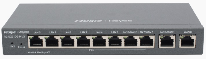 Gateway 10-Puertos / Ruijie RG-EG210G-P-V3 | 2603 - Ruijie RG-EG210G-P-V3 es un Gateway administrable en la nube diseñado para medianas empresas, incorpora 10 puertos Gigabit Ethernet con 8 puertos PoE+ 802.3af/at, presupuesto de potencia PoE de 110W