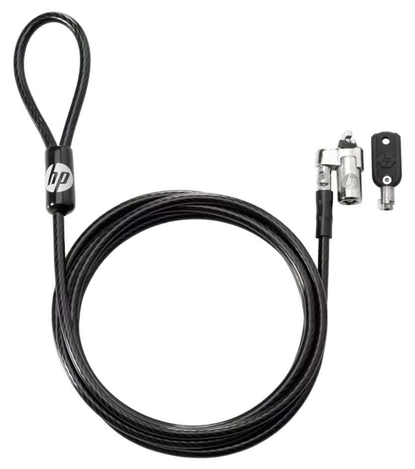 Guaya de seguridad con llave / HP T1A62AA | 2606 – HP T1A62AA es un candado de cable diseñado para protección de equipos portátiles corporativos. Ofrece un rendimiento de cable físico de acero galvanizado, Revestimiento exterior completo de vinilo