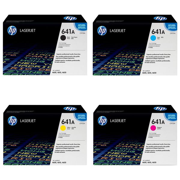Toner para HP 4600 / HP 641A | 2503 - oner Original HP 641A. El Kit Incluye: C9720A Negro, C9721A Cian, C9722A Amarillo, C9723A Magenta. Rendimiento: Negro 9.000 / Color 8.000 Páginas al 5%. Modelos Compatibles: HP LaserJet 4600dn 4600dtn 4600hdn 4600n 