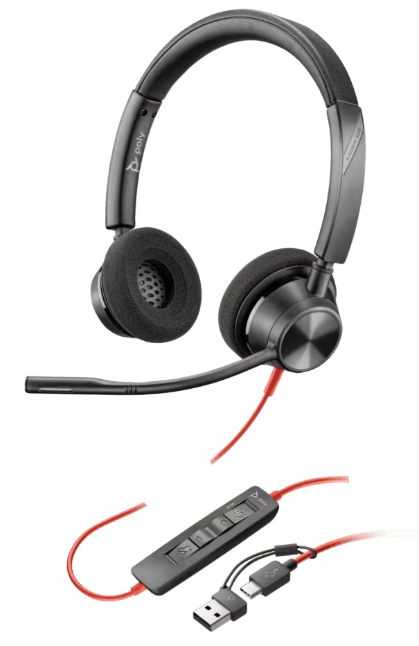 HP Poly Blackwire 3320 / Diadema USB C-A | 2606 – HP Poly Blackwire 3320 8X220AA es un audífono diseñado para llamadas profesionales y colaboración en entornos de oficina o trabajo híbrido, Conectividad USB Tipo-C y adaptador integrado a USB Tipo-A