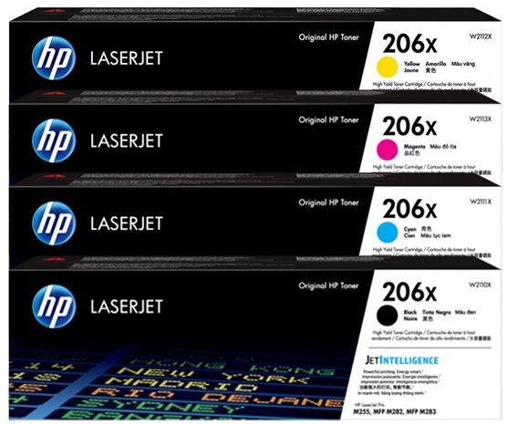 Toner para HP M255dn / HP 206X | 2502 - Toner Original HP 206X. El Kit Incluye: W2110X Negro, W2111X Cian, W2112X Amarillo, W2113X Magenta. Rendimiento: Negro 3.150 / Color 2.450 Paginas al 5%. Modelos Compatibles: HP LaserJet Pro M255dn M255dw M255nw 