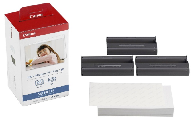 Kit de Tinta y Papel / Canon KP-108IN | 2607 – Canon KP-108IN 3115B001AA Juego original de consumibles diseñado con tecnología de sublimación térmica para la impresión directa de fotografías de calidad de laboratorio con alta resistencia al agua.