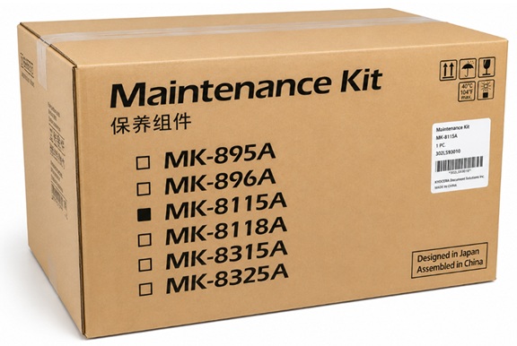 Kit de mantenimiento / Kyocera MK-8115A | 2608 – Kyocera MK-8115A 1702P30UN0 es un kit de mantenimiento para equipos de impresión Kyocera, Rendimiento: 200000 páginas, Condicion del producto: Nuevo / Original, Componentes: Drum, Developer BK, Fuser