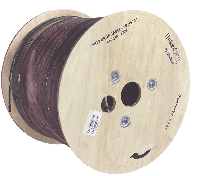 Fibra Óptica Drop – LinkedPro IC-FIG8A1-2C / 2KM | 2112 - Carrete Fibra Óptica Drop G.657A1 Monomodo de 2 hilos, Longitud: 2 Km, Uso: Exterior, Aérea, Forro LS0H Negro, Tensión Máxima: 600N, Curvatura: 30H / 15H, Span: 80 metros