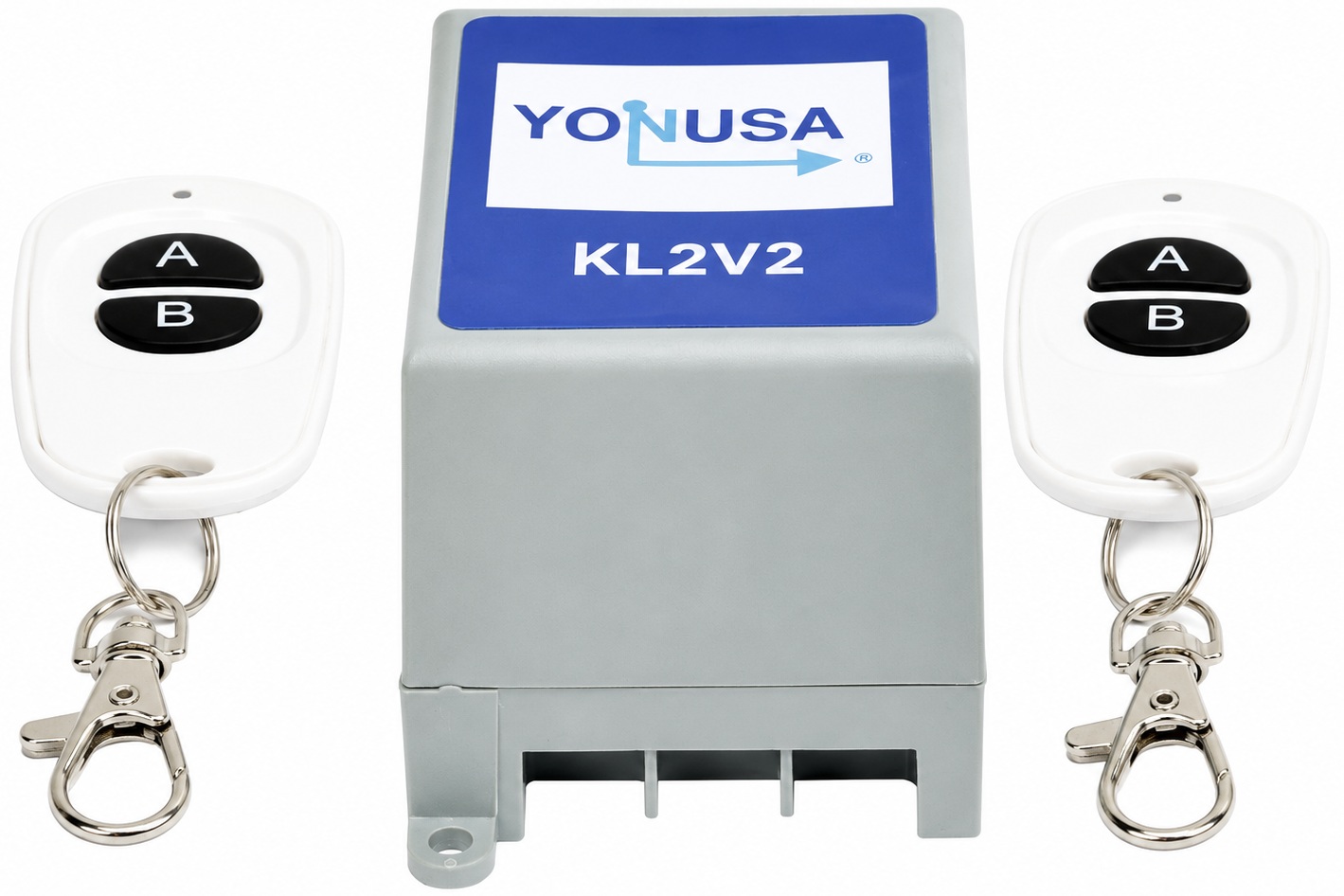 Yonusa KL2V2 / Llavero para Energizadores | 2604 – Yonusa KL2V2 es un kit de control remoto diseñado para el mando a distancia de energizadores de cercas eléctricas, cuenta con 2 canales de salida por relevador, frecuencia de operación de 433 MHz