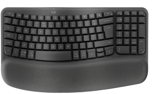 Teclado Inalámbrico / Logitech Ergo Wave Keys | 2410 - Teclado inalámbrico Logitech 920-012279 con conectividad Bluetooth 5.1 o receptor USB Logi Bolt, Cobertura: 10 m, Indicadores: Bloqueo de mayúsculas y carga de batería, Patas ajustables