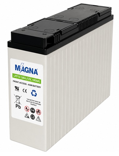 Batería 12V-100A AGM Terminal Frontal / Magna LPF12-100A | 2608 – Magna LPF12-100A Batería de terminal frontal serie LPF con Tensión nominal: 12V, Capacidad nominal: 100 Ah a 10 horas, Capacidades de descarga: 106 Ah a 20 horas y 63.7 Ah a 1 hora