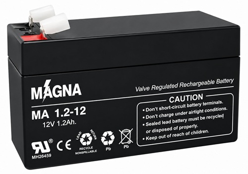 Batería 12V-1.2A AGM / Magna MA12-1.2 | 2608 – Magna MA12-1.2 Batería de propósito general con Tensión de 12V, Capacidad nominal: 1.2 Ah a 20 horas, Capacidades de descarga: 1.12 Ah a 10 horas y 0.754 Ah a 1 hora, Corriente máxima de descarga: 18A