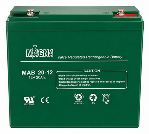 Batería 12V-20A AGM Ciclo Profundo / Magna MAB20-12 | 2608 – Magna MAB20-12 es una batería de ciclo profundo serie MAB con Tensiónde 12V, Capacidad nominal: 20 Ah a 10 horas, Capacidades de descarga: 21.4 Ah a 20 horas y 12.9 Ah a 1 hora
