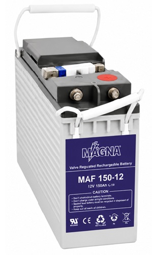 Batería 12V-150A AGM Terminal Frontal / Magna MAF150-12 | 2608 – Magna MAF150-12 es una batería de teminal frontal serie MAF con Tensión nominal: 12V, Capacidad nominal: 150 Ah a 10 horas, Capacidades de descarga: 157.6 Ah a 20 horas y 96 Ah a 1 hora