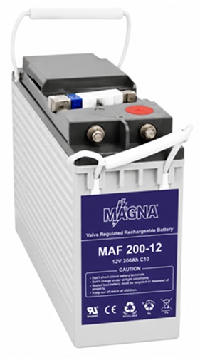 Batería 12V-200A AGM Terminal Frontal / Magna MAF200-12 | 2608 – Magna MAF200-12 es una batería de terminal frontal serie MAF con Tensión nominal: 12V, Capacidad nominal: 200 Ah a 10 horas, Capacidades de descarga: 210 Ah a 20 horas y 118.1 Ah a 1 hora