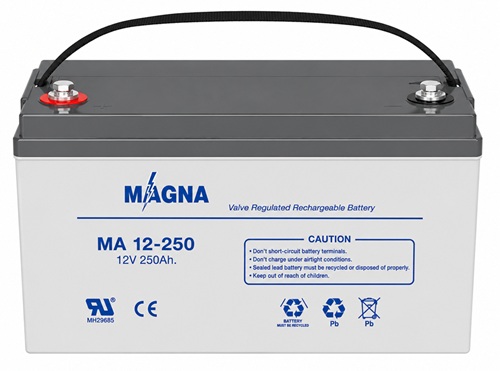 Batería 12V-250A AGM / Magna MA250-12 | 2608 – Magna MA250-12 es una batería de propósito general serie MA con Tensión de 12V, Capacidad nominal: 250 Ah a 10 horas, Capacidades de descarga: 262 Ah a 20 horas y 159.4 Ah a 1 hora, Vida útil: 10 Años