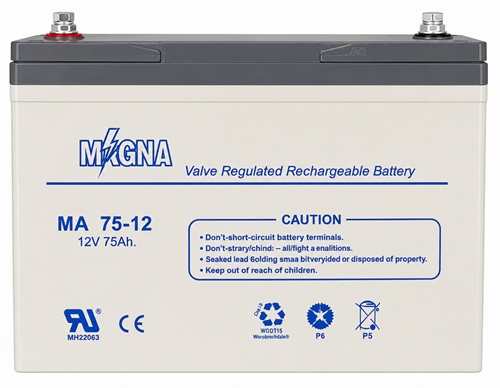 Batería 12V-75A AGM / Magna MA75-12 | 2608 – Magna MA75-12 es una batería de propósito general con Tensión nominal: 12V, Capacidad nominal: 75 Ah a 10 horas, Capacidades de descarga: 78 Ah a 20 horas y 45.8 Ah a 1 hora, Corriente máxima de descarga: 900A
