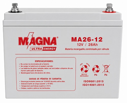 Batería 12V-26A AGM / Magna MA26-12 | 2608 – Magna MA26-12 es una batería de propósito general serie MA con Tensión nominal: 12V, Capacidad nominal: 26 Ah a 20 horas, Capacidades de descarga: 24.6 Ah a 10 horas y 16 Ah a 1 hora, Vida útil: 5 años