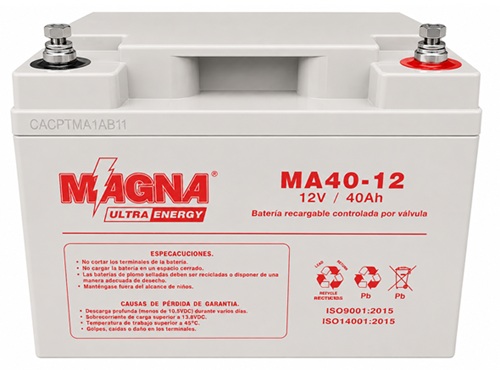 Batería 12V-40A AGM / Magna MA40-12 | 2608 – Magna MA40-12 es una batería de propósito general serie MA con Tensión nominal: 12V, Capacidad nominal: 40 Ah a 10 horas, Capacidades de descarga: 42 Ah a 20 horas y 25.5 Ah a 1 hora, Vida útil: 10 años