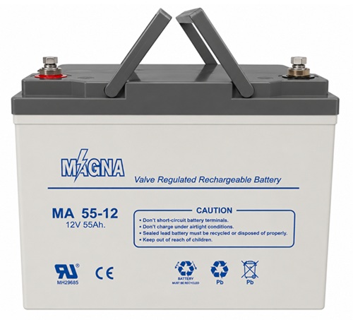 Batería 12V-55A AGM / Magna MA55-12 | 2608 – Magna MA55-12 es una batería de propósito general serie MA con Tensión nominal: 12V, Capacidad nominal: 55 Ah a 10 horas, Capacidades de descarga: 57.8 Ah a 20 horas y 35.1 Ah a 1 hora, Vida útil: 10 años