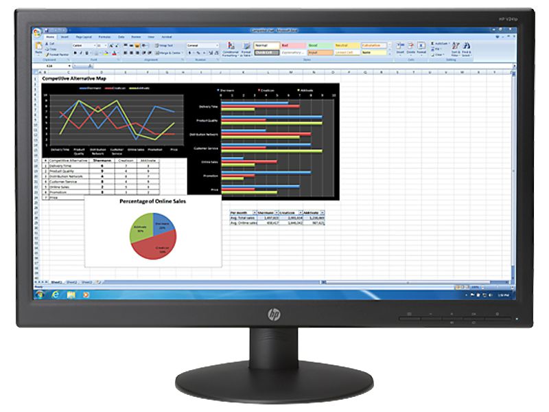 Monitor para PC 24'' Full HD - HP V241p K0Q34AA | Area Visible 23.6'', Resolución 1920 x 1080, Brillo 250cd/m², Relación de aspecto: 16:9, Puertos VGA & DVI-D, Angulos de Vision (H/V) 178° / 178°, 8 ms, Ergonomia: Inclinación y Giro, Garantía 3-Años