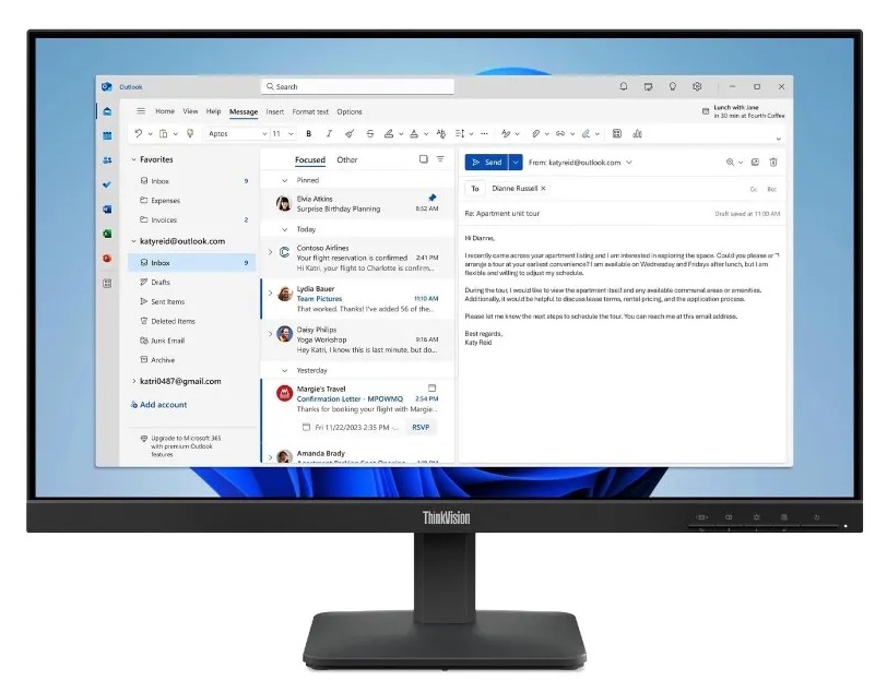 Monitor 23.8'' Full HD / Lenovo ThinkVision S24-4e | 2605 – Lenovo ThinkVision S24-4e 64B5KAR1LA es un monitor diseñado para espacios corporativos y estudio, panel IPS de 23.8 pulgadas con resolución Full HD de 1920x1080 píxeles, tasa de refresco 100Hz