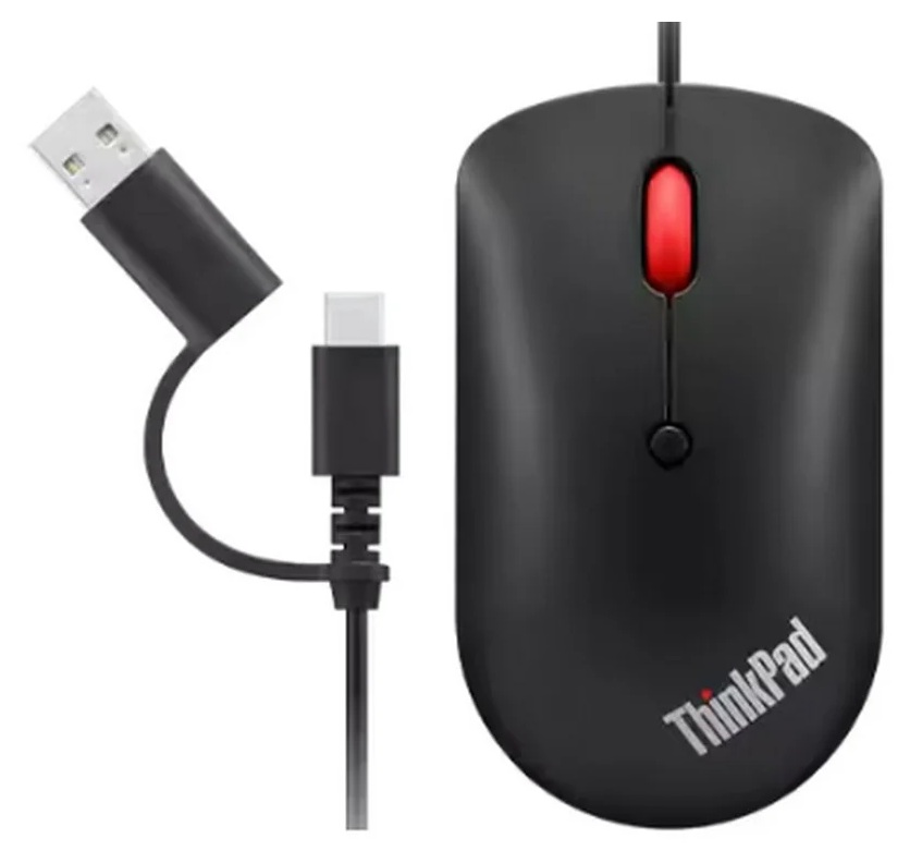 Mouse USB A-C / Lenovo 4Y51D20850 | 2605 – Lenovo 4Y51D20850 es un mouse diseñado para oficina y viajes, conectividad alámbrica mediante cable USB tipo C de 2 m con adaptador integrado a USB tipo A, formato compacto y ambidiestro, sensor óptico azul