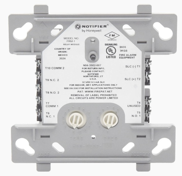Módulo de Relevador / Notifier FRM-1 | 2604 - Notifier FRM-1 es un módulo de relevador direccionable diseñado para proporcionar dos contactos secos independientes en sistemas de incendio, activa periféricos externos como puertas electromagnéticas