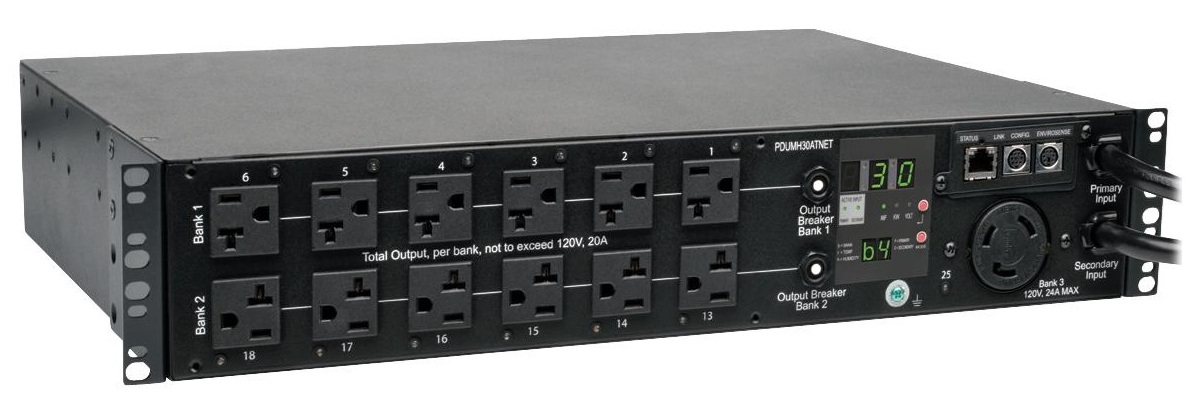 PDU/ATS 2.9KW 24-Tomas / TrippLite PDUMH30ATNET | 2511 - Tripp Lite PDUMH30ATNET es un PDU conmutado de transferencia automática (ATS) que garantiza continuidad eléctrica en entornos críticos. Capacidad de 2.9 kW en monofásico, 24-Tomas 5-15/20R