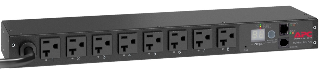 PDU para Rack - APC AP7901B / 8-Port | Incluye Conmutación, Voltaje de Salida 120V, Consumo máximo 16A, Conexiones de salida: 8x NEMA 5-20R, Variación Voltaje de entrada: 100 – 120V, Enchufe: NEMA L5-20P, Capacidad 1900VA