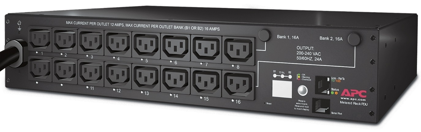 PDU 16-Puertos – APC AP7911B | 2208 - PDU para rack con conmutación, Voltaje de Salida 208V, Consumo máximo de corriente 30A, Conexiones de salida: 16x IEC 320 C13, Voltaje de entrada: 200 – 240V, Enchufes NEMA L6-30P,