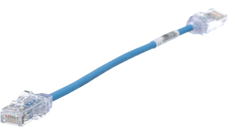 Patch Cord Cat-6A 20 cm / Panduit UTP28X0.2MBU | 2506 - Patch Cord Categoría 6A/Clase E sin blindado con conectores modulares RJ‑45. Longitud: 20 cm, Diámetro: 4.7 mm, Esquema de cableado: T568B, Calibre: 28 AWG, Inflamabilidad: CM/LSZH, Color: Azul.