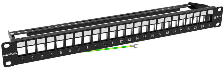 Patch Panel 24-Puertos / Hikvision DS-1CP0P24-1U | 2603 - Hikvision DS-1CP0P24-1U es un panel de parcheo modular blindado diseñado para alojar hasta 24 conectores keystone en gabinetes de 19 pulgadas, incorpora estructura metálica con descarga a tierra