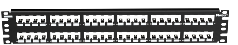 Patch Panel 48-Puertos / Panduit CP48BLY | 2503 - Panel de Parcheo Modular Mini-Com, Plano, Puertos: 48, Unidades de rack: 2 RU, Material: Acero inoxidable, Dimensiones: 482.6 x 88.14 x 17.78 mm, Montaje: Racks y gabinetes de 19” & 23”, Blindado.