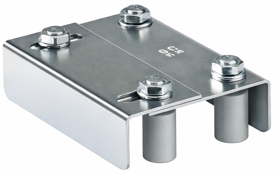 Placa Guía Superior / Comunello 255-350 | 2604 - Comunello 255-350 11306010-001 es una placa guía superior de doble regulación diseñada para mantener la verticalidad y el guiado de puertas corredizas, cuenta con 4 rodillos de nailon de 30 mm