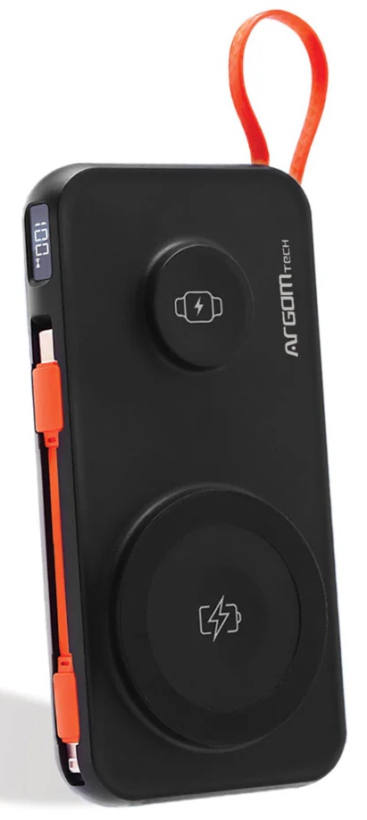 PowerBank Inalámbrico 10000 mAh / Argom ST10 | 2605 – Argom Tech ST10 ARG-PB-1164BK es una estación de batería externa diseñada para carga inalámbrica magnética de 15W, capacidad de 10000 mAh, salida PD tipo-C 20W, cables integrados USB-C & Lightning