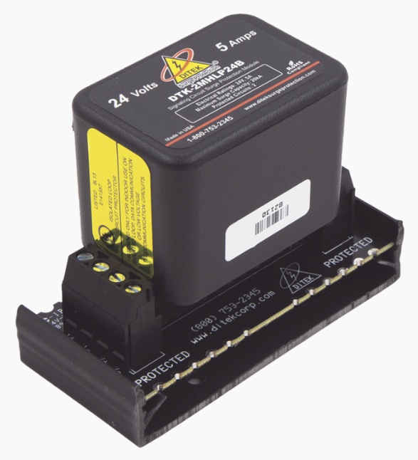 Protector contra sobretensiones / Ditek DTK-2MHLP24BWB | 2604 - Ditek DTK-2MHLP24BWB es un protector contra sobretensiones modular diseñado para proteger dos pares de circuitos de señalización y datos de 24V en sistemas de incendio y seguridad