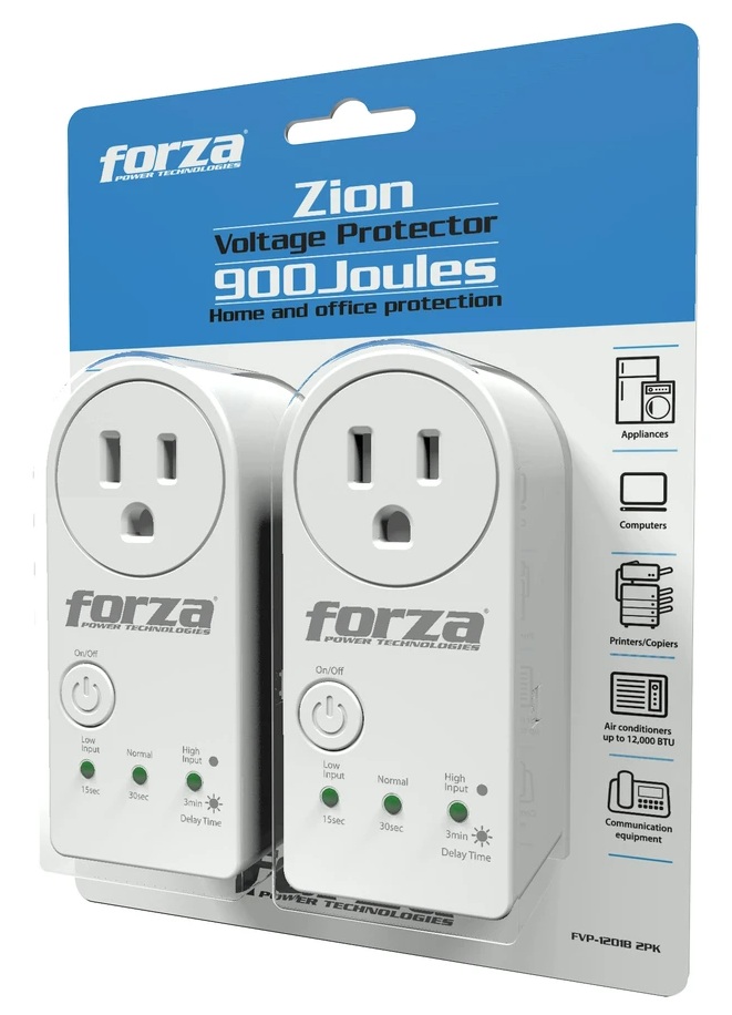 Protector de Voltaje / Forza FVP-1201B 2PK | 2607 – Forza Zion FVP-1201B 2PK Paquete de dos protectores de voltaje para electrodomésticos, diseñado para proteger equipos contra sobretensiones, caídas de voltaje y fluctuaciones de la red eléctrica