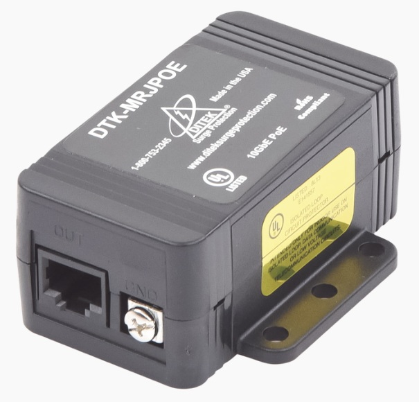 Protector contra sobretensiones / Ditek DTK-MRJPOE | 2604 - Ditek DTK-MRJPOE es un protector diseñado para la supresión de sobretensiones en cámaras IP PoE, WAP, control de acceso e iluminación, permite velocidades de hasta 10G sin degradación de señal