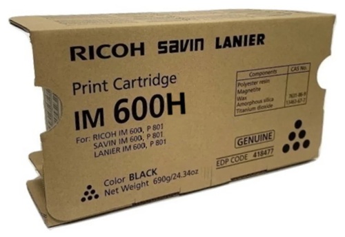 Toner IM 600H Negro / Ricoh 418480 | 2608 – Ricoh 418480 IM 600H es un cartucho de tóner Original Negro de alto rendimiento para impresoras Ricoh, Rendimiento estimado: 40.000 páginas según ISO/IEC 19752, Compatibilidad: Ricoh IM-600SRF, P-801