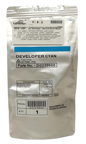 Revelador Ricoh D0239660 / Cian 240.000 Páginas | 2608 - Ricoh D023-9660 es un revelador Original Cian para impresoras y copiadoras Ricoh, Rendimiento: 240.000 páginas, Compatibilidad: Ricoh MP C2800SPF, MP C3300, MP C3300SPF, MP C4000, MP C5000SPF