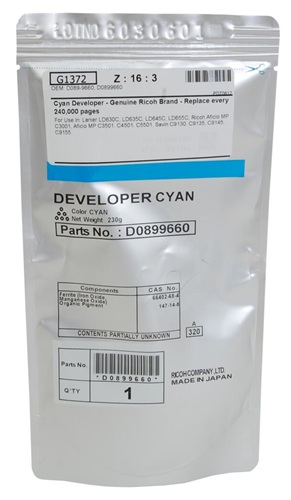 Revelador Ricoh D0899660 / Cian 240.000 Páginas | 2608 - Ricoh D089-9660 es un revelador Original Cian para impresoras y copiadoras Ricoh, Rendimiento estimado: 240.000 páginas, Compatibilidad: Ricoh Aficio MP C3001, MP C3501, MP C4501, MP C5501 