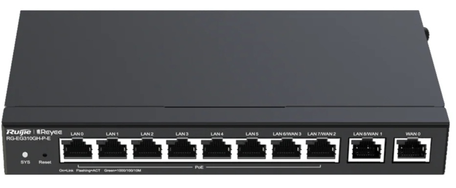 Router VPN Multi-WAN / Ruijie RG-EG310GH-P-E | 2508 - Ruijie RG-EG310GH-P-E es un router VPN empresarial Multi-WAN con funciones avanzadas de balanceo de carga, gestión en la nube y alimentación con PoE. Es ideal para oficinas, hoteles, escuelas, CCTV