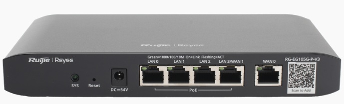 Router VPN 5-Puertos / Ruijie RG-EG105G-P-V3 | 2603 - Ruijie RG-EG105G-P-V3 es un router administrable en la nube diseñado para pequeñas y medianas empresas, incorpora 5 puertos Gigabit Ethernet con 4 puertos PoE+ 802.3af/at, potencia PoE de 54W
