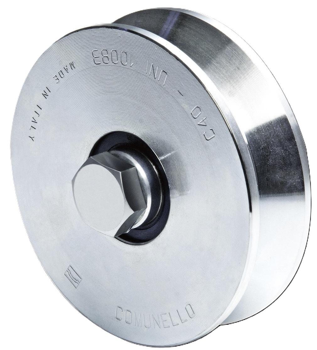 Rueda Galvanizada / Comunello 300V-140 | 2604 - Comunello 300V-140 11501060-001 es una rueda con ranura en V diseñada para el guiado de puertas corredizas sobre rieles angulares, fabricada en acero C-40 con acabado galvanizado electrolítico